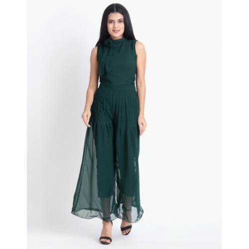 Jumpsuit with Neck Tie-Up- Bottle Green